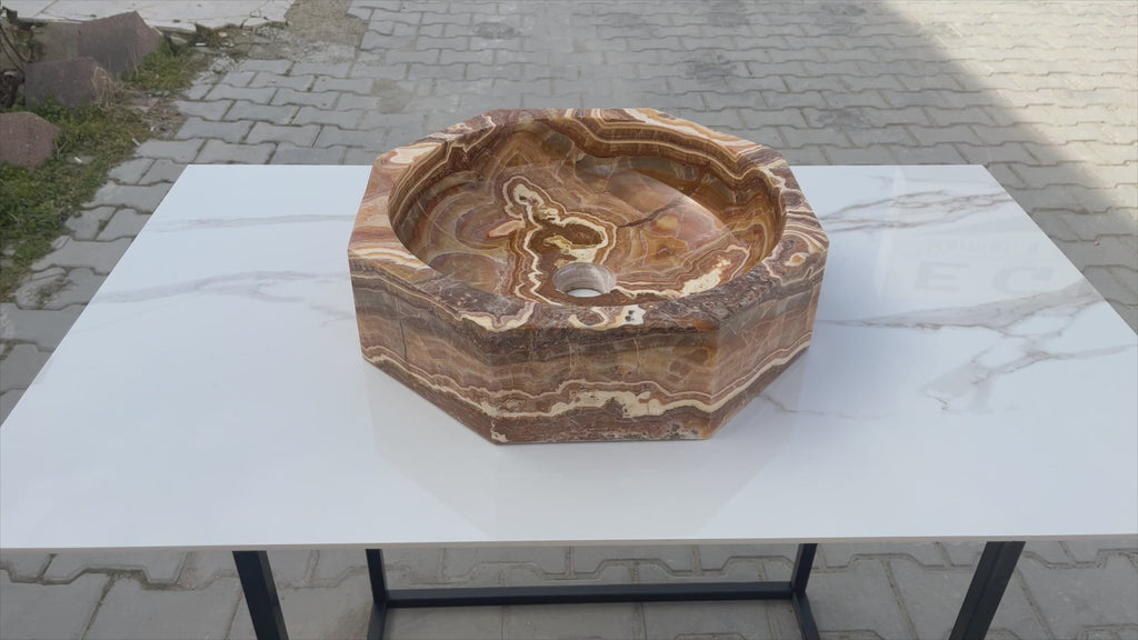 Brown onyx octagon vessel sink polished EGEBOXP165 D16 H5 360 view