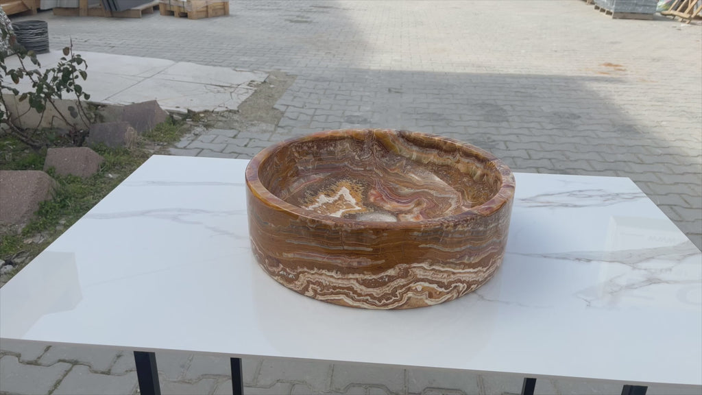 Brown onyx translucent vessel sink polished EGEBOXPF165 D16 H5 360 view