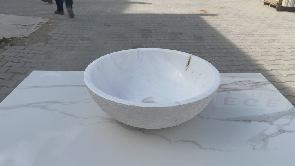 Calacatta White marble vessel sink polished rough outside EGECVP165 D16 H5 360 view