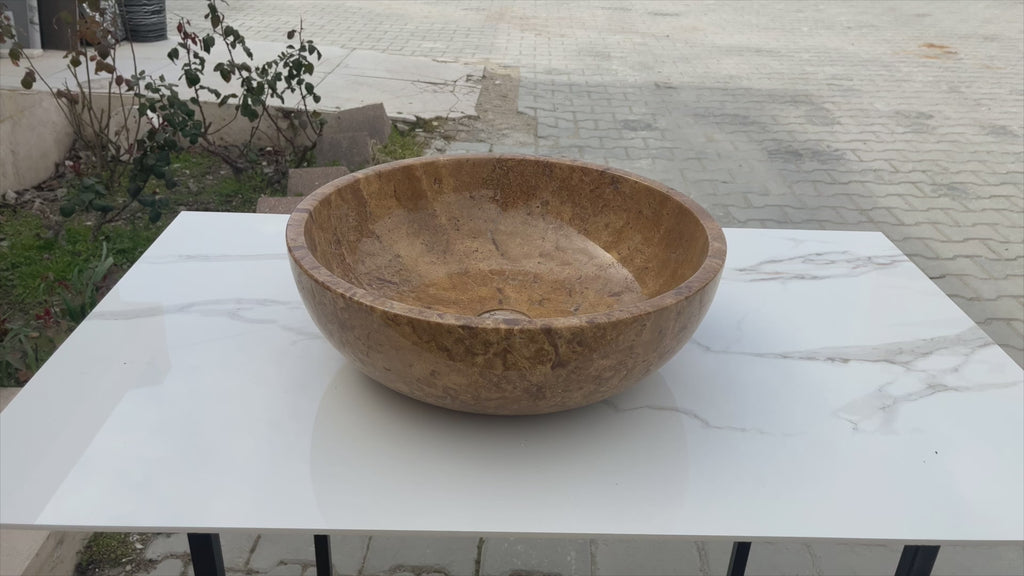Noce travertine bathroom vessel sink polished undermount EGENTR1674 D16 H6 360 view