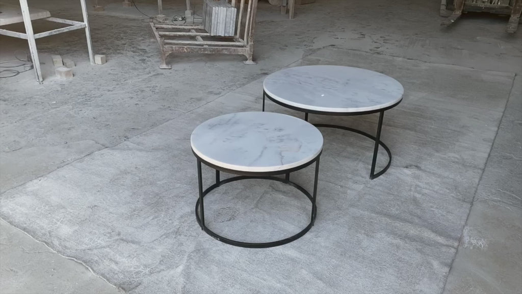 Carrara White genuine marble modern coffee table set of 2 nesting round black metal legs top