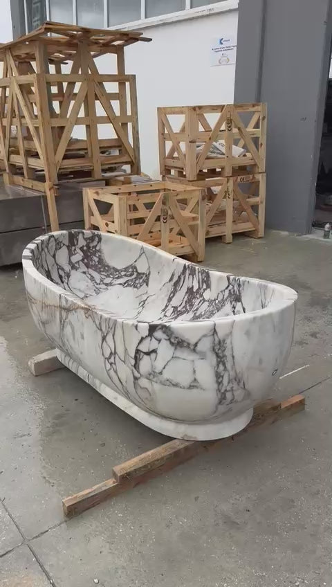 Calacatta Viola Bathtub Hand-carved from Solid Marble Block (W)34" (L)70" (H)26" video view