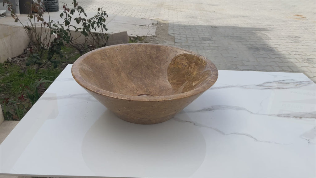 Noce brown travertine vessel sink polished EGENPT1664 D16 H6 360 view