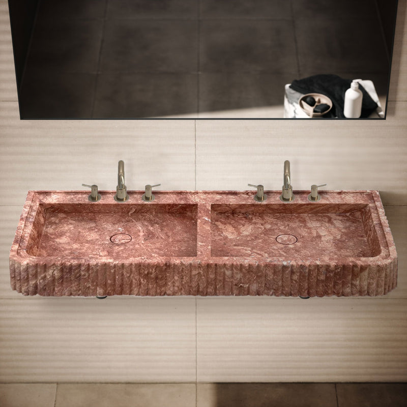 Red Travertine Double Bathroom Vanity Sink Fluted on Front and Edges (W)20" (L)48" (H)6" Honed and Filled angle view ,installed on bathroom square mirror on the back