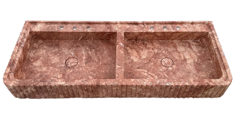 Red Travertine Double Bathroom Vanity Sink Fluted on Front and Edges (W)20" (L)48" (H)6" Honed and Filled top angle view