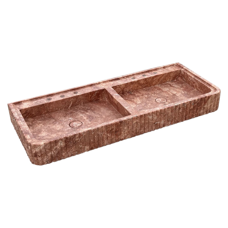 Red Travertine Double Bathroom Vanity Sink Fluted on Front and Edges (W)20" (L)48" (H)6" Honed and Filled angle view