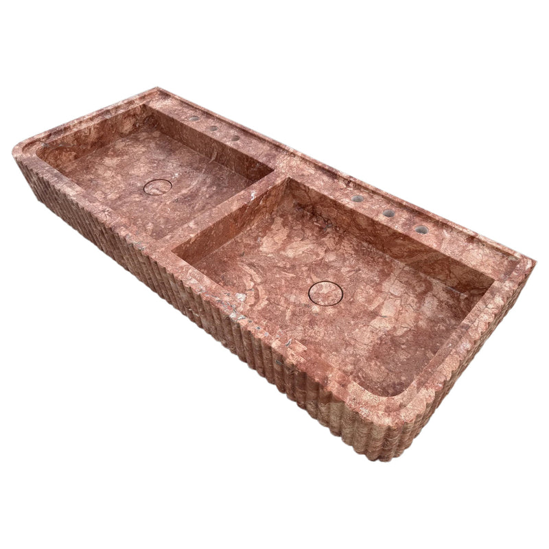 Red Travertine Double Bathroom Vanity Sink Fluted on Front and Edges (W)20" (L)48" (H)6" Honed and Filled angle view