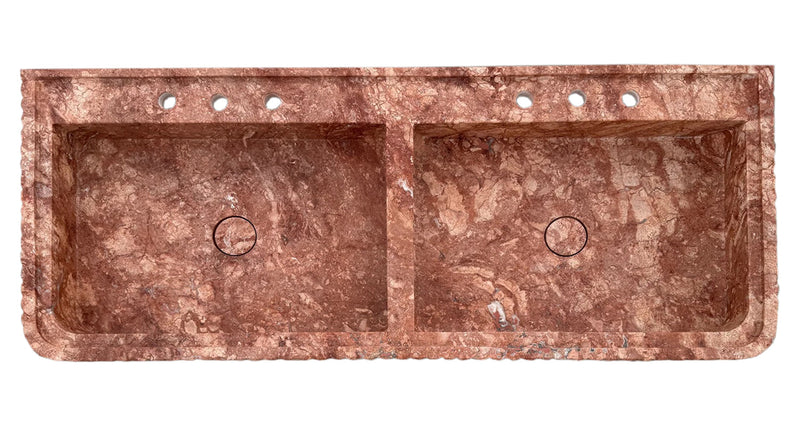 Red Travertine Double Bathroom Vanity Sink Fluted on Front and Edges (W)20" (L)48" (H)6" Honed and Filled top view