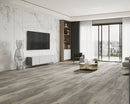 SPC Vinyl Rigid Core 7" Width 60" RL, 8mm Thick, 2mm IXPE Revel Asphalt Bellator Floors - Mazzia Collection Product shoot Hall view