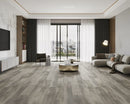 SPC Vinyl Rigid Core 7" Width 60" RL, 8mm Thick, 2mm IXPE Revel Asphalt Bellator Floors - Mazzia Collection Product shoot Hall view
