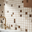 Shell Stone Limestone and Brown Glass Mix 1"x1" on 12" x 12" Mesh Mosaic Tile