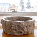 Round Travertine Stone Vessel Sink With Hand Chiseled Honed Edge