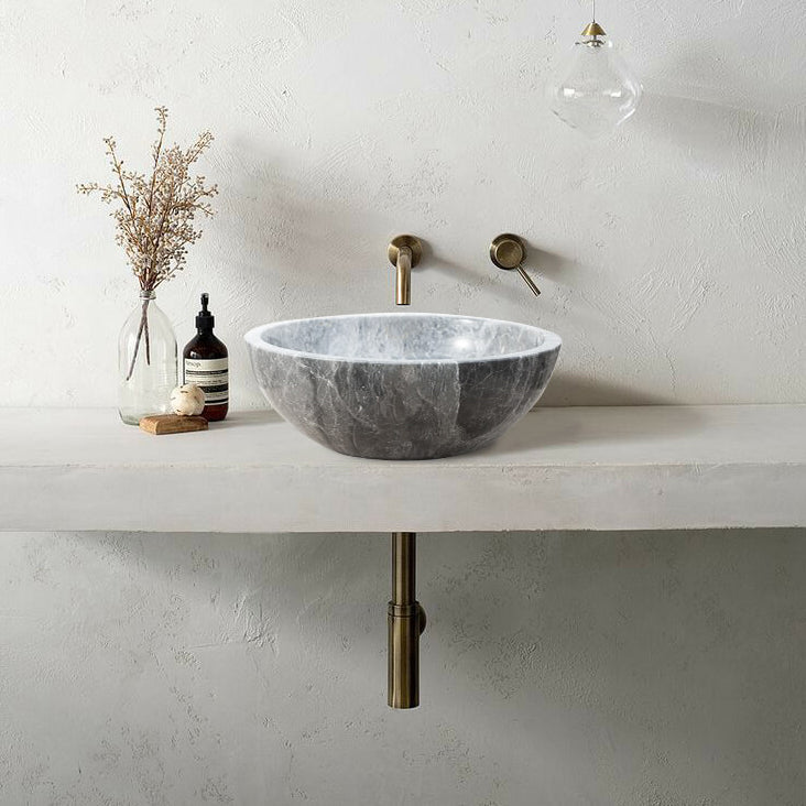 Sirius Gray Marble Vessel Above Vanity Bathroom Sink Polished (D)15" (H)6" installed above concrete vanity bronze faucet and drain