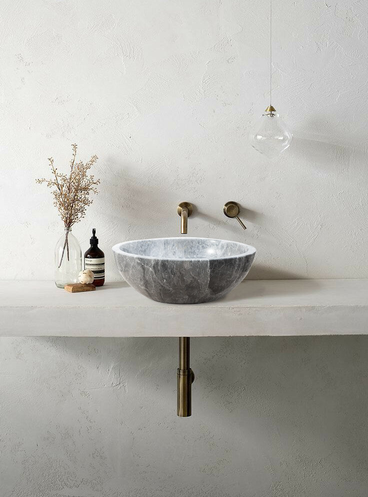 Sirius Gray Marble Vessel Above Vanity Bathroom Sink Polished (D)15" (H)6" installed above concrete vanity bronze faucet and drain bathroom view wide