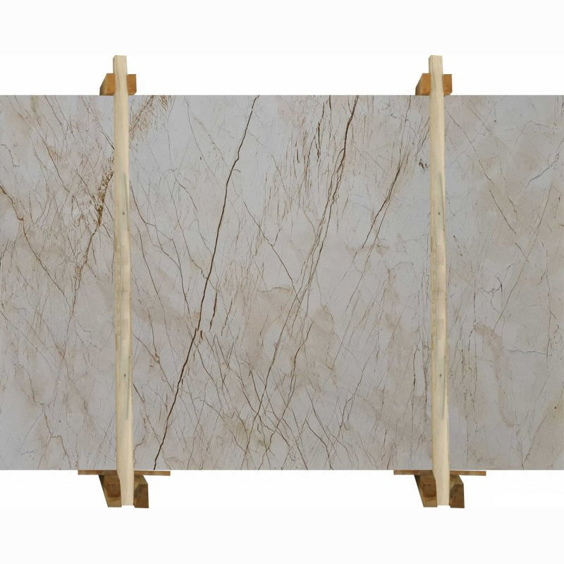 sofita beige marble slabs polished packed on wooden bundle front view