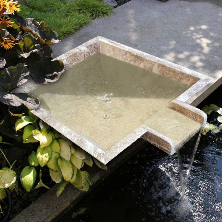 square cascade water bowl travertine for swimming pool accessory walnut honed filled 23x27x8 installed pool wide view