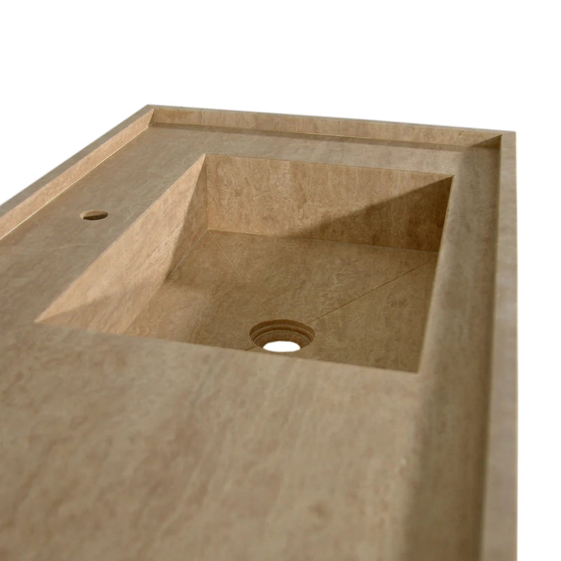 Troia Beige Travertine Rectangular Wall-mount Bathroom Sink (W)20" (L)54" (H)6" angle closeup view