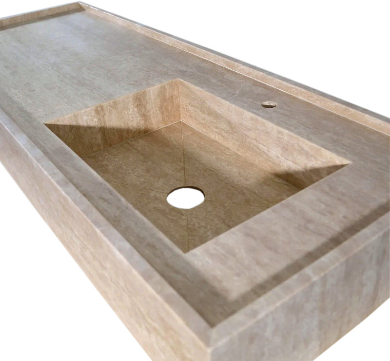 Troia Beige Travertine Rectangular Wall-mount Bathroom Sink (W)20" (L)54" (H)6" angle closeup view