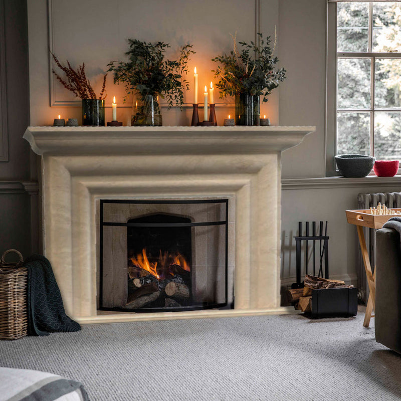 troia light travertine fireplace surround mantel modern polished MEGFP03 installed on modern living room square