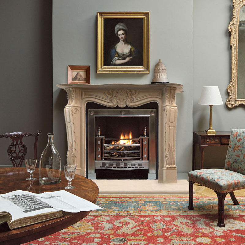 troia light travertine fireplace surround mantel traditional filled honed MEGFP04 installed on living room