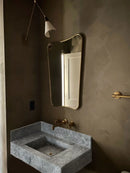 Tundra Gray Marble Rectangular Wall-mount Bathroom Sink with 6" Backsplash (W)16" (L)32" (H)10" installed bathroom gold faucet and gold frame mirror  wide view