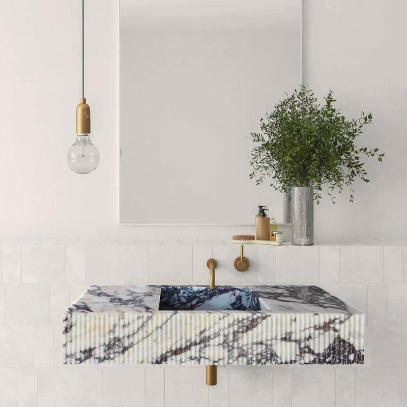 Calacatta Viola Marble Wall-mount Bathroom Vanity Sink Fluted Front (W)20" (L)56" (H)10" bathroom view mirror plant