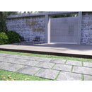 vulkon grey porcelain pavers 24x24in matte floor tile LPAVNVULGRE2424 installed on the entrance of rahio hotel with 2 chairs