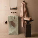 Walnut Travertine Designer Pedestal Stand-Alone Hearth Shape Sink (W)18" (L)18" (H)33" bathrobe and towel 